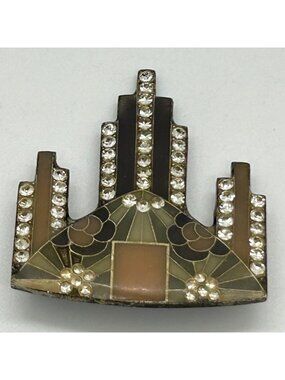 Vintage Art Deco Revival Brooch Enamel Rhinestone French Trombone Clasp